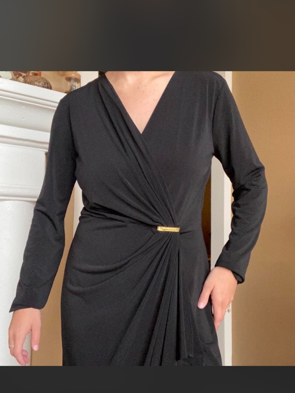 MICHAEL Michael Kors Black Long-Sleeve Wrap Dress with Gold Accent